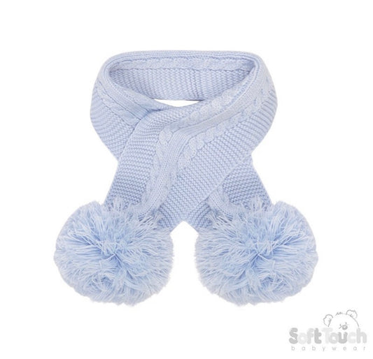 Pale blue knitted double Pom Pom scarfs NB-12months