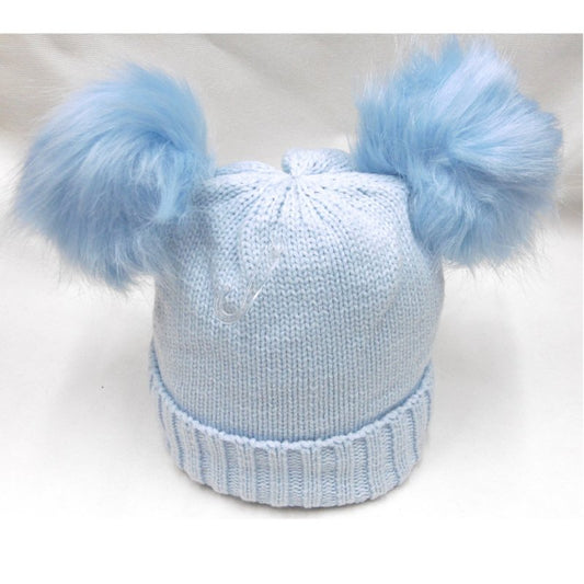 Sky Plain Knitted Hat With Double Pom Pom -
