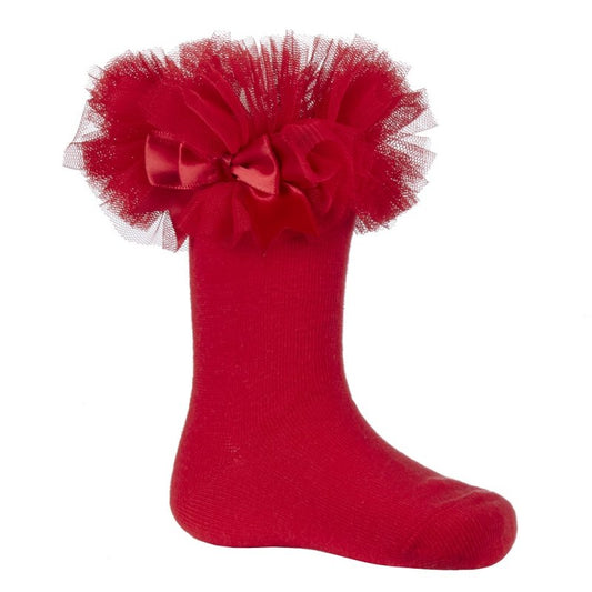 Baby Girls One Pair Tutu Frill Socks With Bow - Red