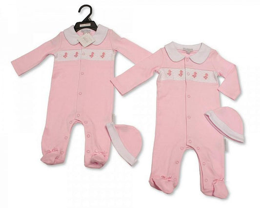 ‘Ducks’ smocked all in one sets with matching hats - PINK