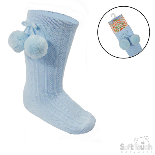 Boy pale blue pom pom knee high socks 0-24mnths