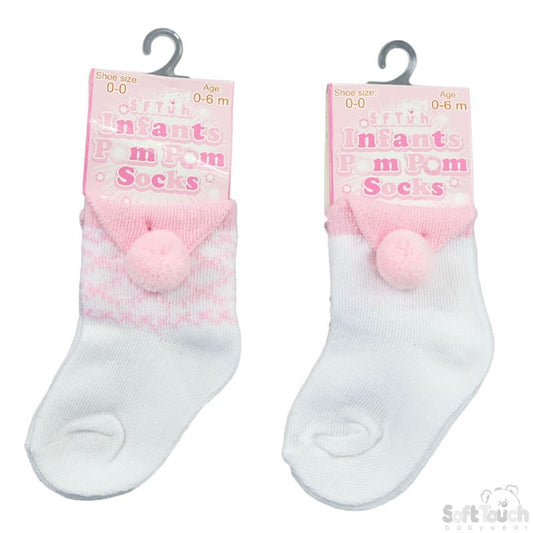 White/pinkpom infant spanish socks 0-24mnths