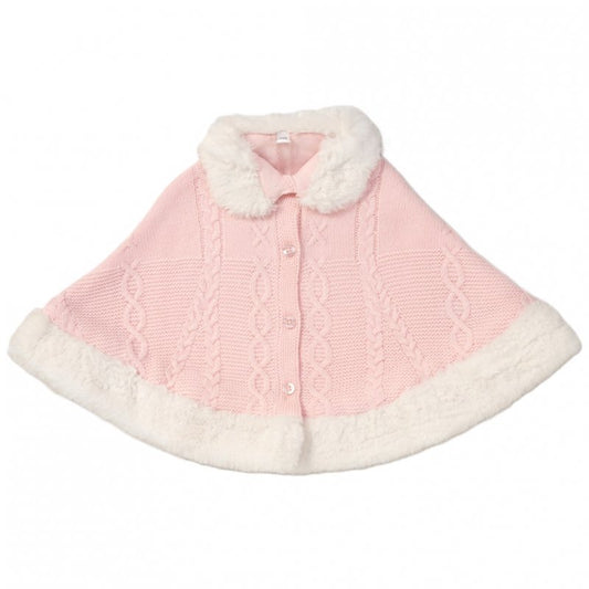 BABY GIRLS LINED FUR TRIM KNITTED PONCHO/CAPE (3-24 MONTHS)