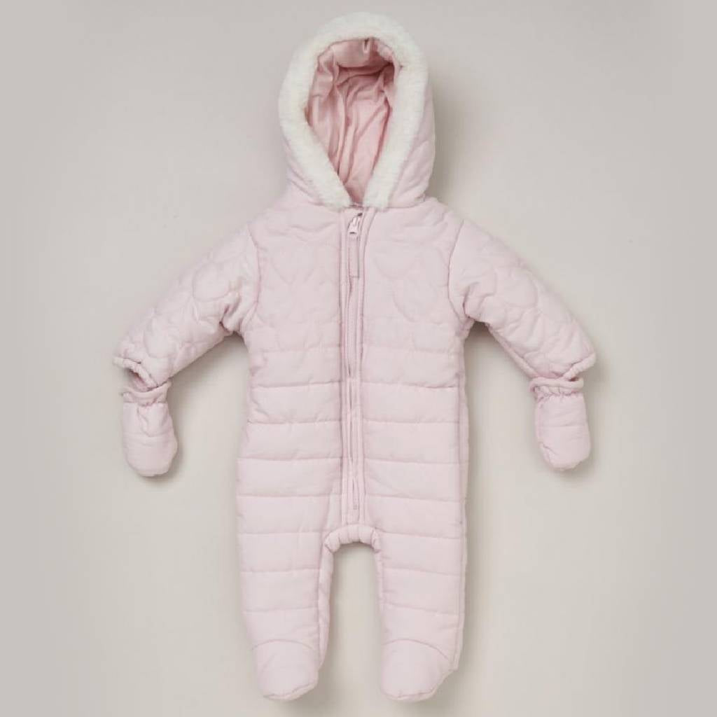 Pink padded fur snowsuit & mittens 0-12 months