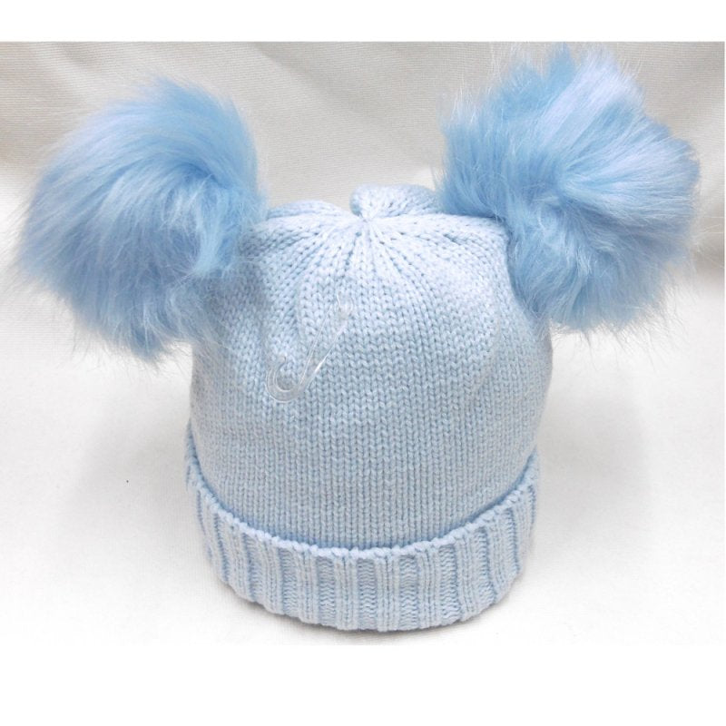 Sky Plain Knitted Hat With Double Pom Pom -